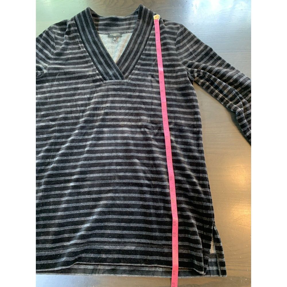 Talbots Top Women's Petites Small SP Soft Cozy  Black Stripe V Neck Velour Hygge - Picture 11 of 14